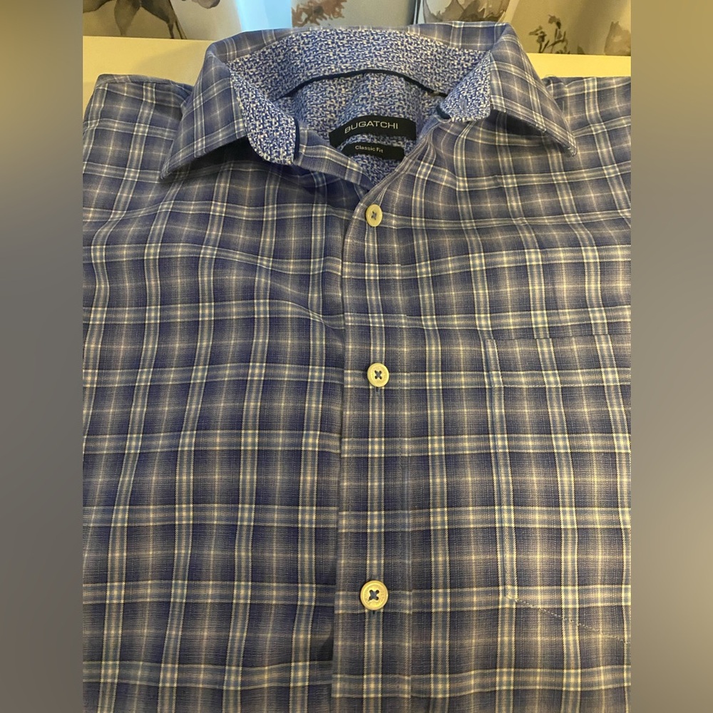Bugatchi Blue Casual Button Down Shirt with Classic Gingham Design XL